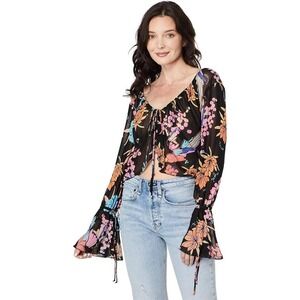Free People Secret Garden Top Black Floral Chiffon Bell Sleeve Cropped Blouse